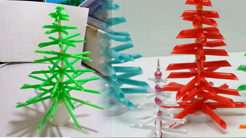 Cách làm cây thông Noel từ dây kim tuyến và ống hút