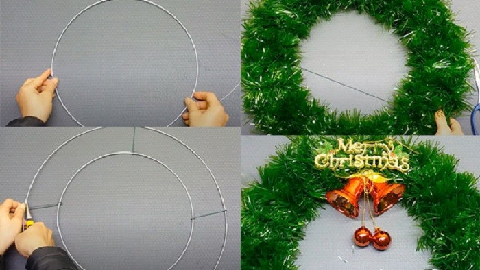 Dùng dây kim tuyến làm vòng hoa Noel trên cửa kính