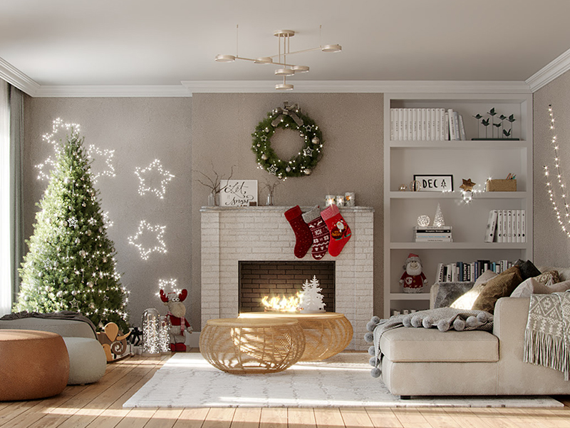 Trang trí phòng khách Noel theo gam màu trung tính